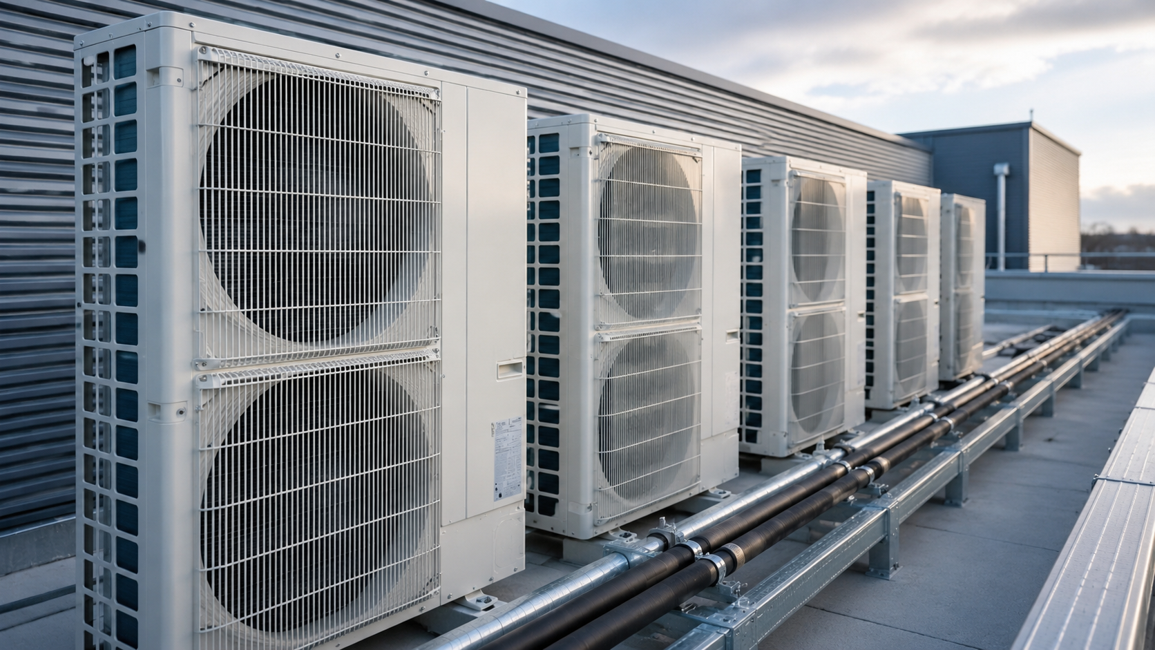 Row of outdoor condensing units and refrigerant pipework on a commercial rooftop
